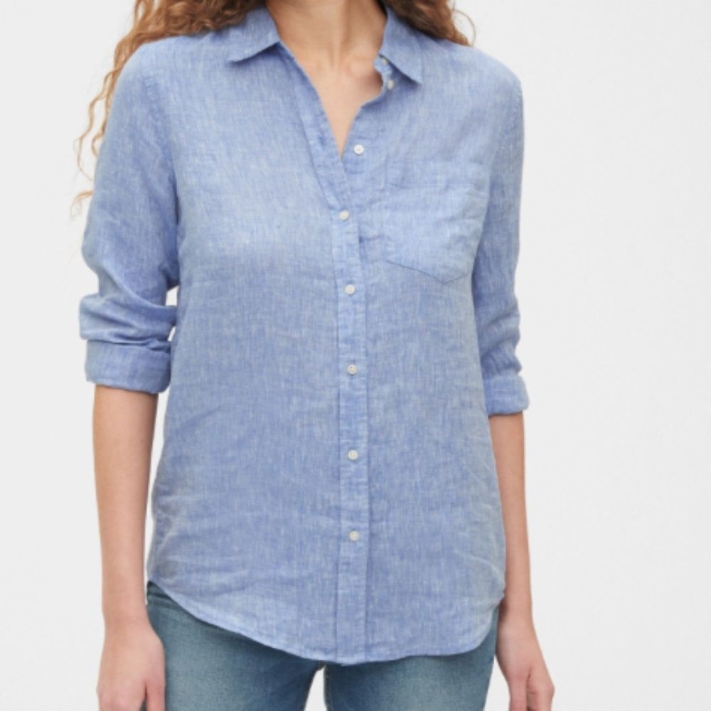 Gap Women's 100% Linen Boyfriend Shirt Blue Short Sleeve Button Down size XS
